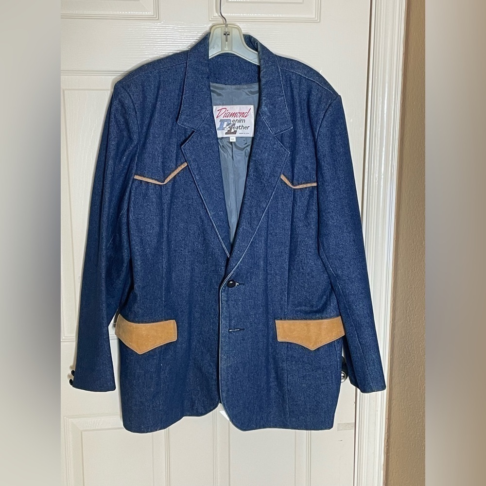 Men's Navy Blue Wool Blend Blazer with Tan Suede Accents - Picture 9 of 12